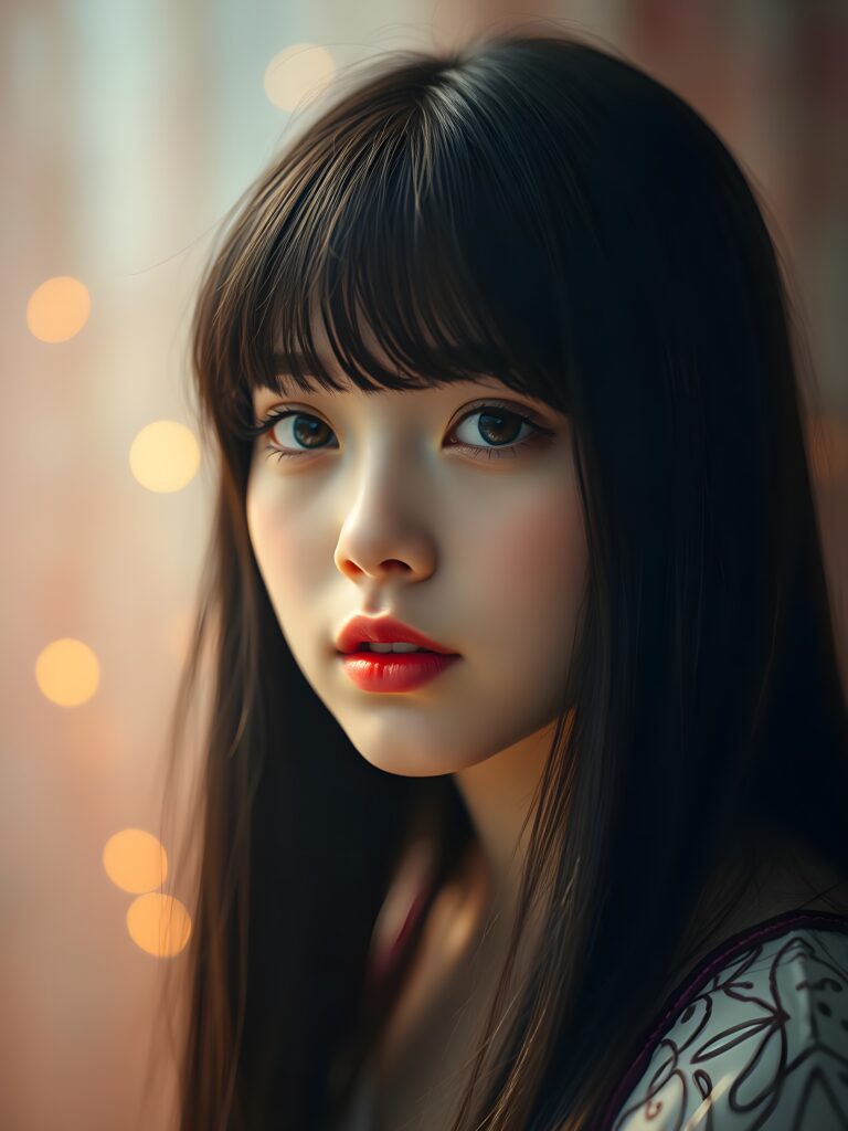 A stunning, ethereal portrait of a young girl with long, straight black hair cascading down her shoulders and soft bangs framing her face. Her deep amber eyes sparkle with warmth and curiosity, accentuated by delicate white makeup that highlights her youthful innocence. Her lips, painted a rich, vibrant red, are slightly parted, as if she's about to share a secret or whisper a gentle invitation. The lighting is soft and diffused, casting a warm glow that enhances her radiant skin. The background is a dreamy blend of pastel hues, with soft bokeh lights, creating a whimsical, enchanting atmosphere. The girl is positioned slightly off-center, allowing the viewer's eye to wander gracefully across the composition, which includes subtle. This whimsical, slightly fantastical scene evokes a sense of wonder and youthful charm.