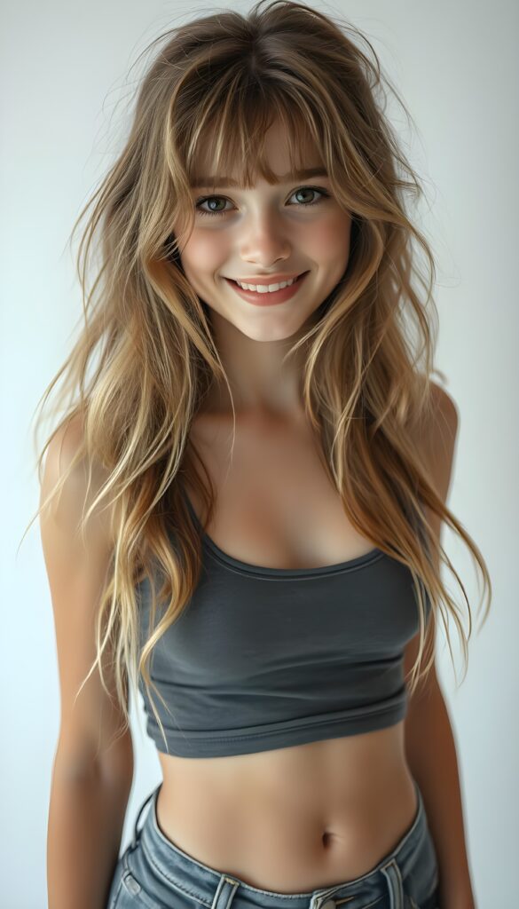 A stunning, ethereal teenager with long, wavy, messy hair cascading down her back in soft shades of blonde and brown, her bangs perfectly framing her face, gazes directly at the viewer with a radiant smile. Her hazelnut eyes sparkle with joy and curiosity. She's dressed in a form-fitting grey tank top that highlights her elegant figure and fits like a second skin, paired with ultra-short, high-waisted jeans. Cute small belly button. The background is a pure white canvas, emphasizing her youthful radiance. The lighting is cinematic, with a soft, golden glow highlighting her features and hair strands, giving the scene an almost magical atmosphere.