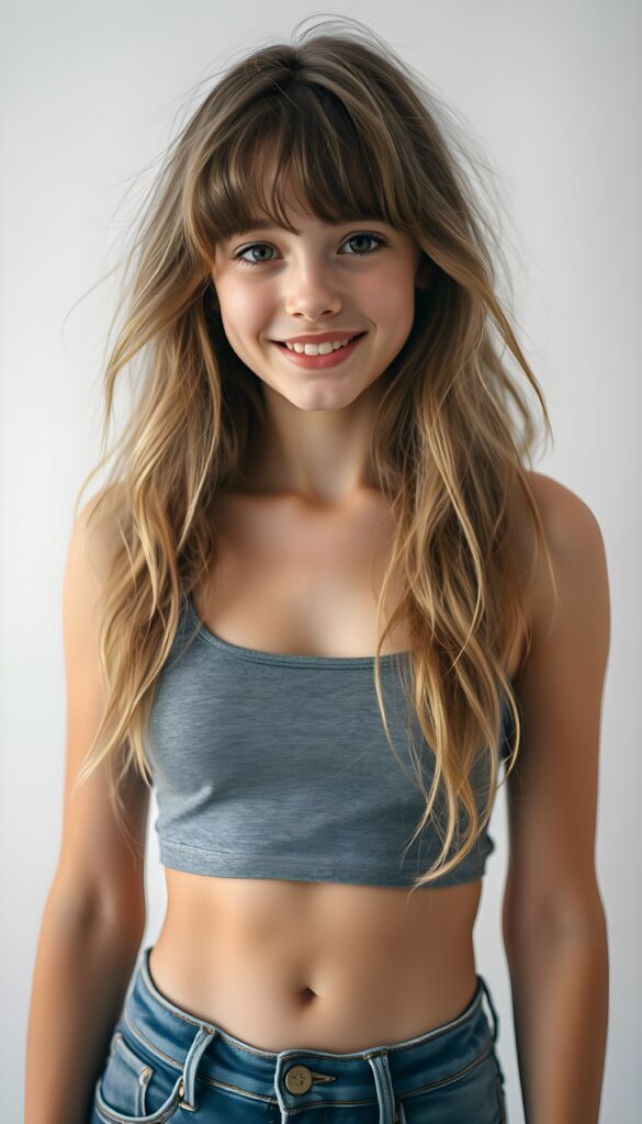 A stunning, ethereal teenager with long, wavy, messy hair cascading down her back in soft shades of blonde and brown, her bangs perfectly framing her face, gazes directly at the viewer with a radiant smile. Her hazelnut eyes sparkle with joy and curiosity. She's dressed in a form-fitting grey tank top that highlights her elegant figure and fits like a second skin, paired with ultra-short, high-waisted jeans. Cute small belly button. The background is a pure white canvas, emphasizing her youthful radiance. The lighting is cinematic, with a soft, golden glow highlighting her features and hair strands, giving the scene an almost magical atmosphere.