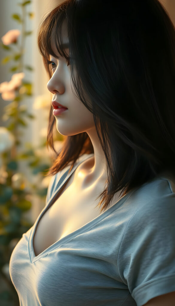 A stunning, ethereal portrait of a beautiful woman with flowing black hair styled in a Korean bob cut with elegant bangs. She wears a light grey cropped t-shirt with a deep V-neck, revealing her graceful collarbone. Her soft skin and perfect curves are accentuated by the warm, golden lighting, casting a gentle glow across her radiant face and kissable lips. The composition is side-profile, capturing the harmony between her natural beauty and the serene, dreamy atmosphere. The background is softly blurred, with hints of lush greenery and delicate flowers, enhancing the tranquil and enchanting ambiance. The artist's brushstrokes are intricate and detailed, bringing the scene to life with a sense of depth and emotion.