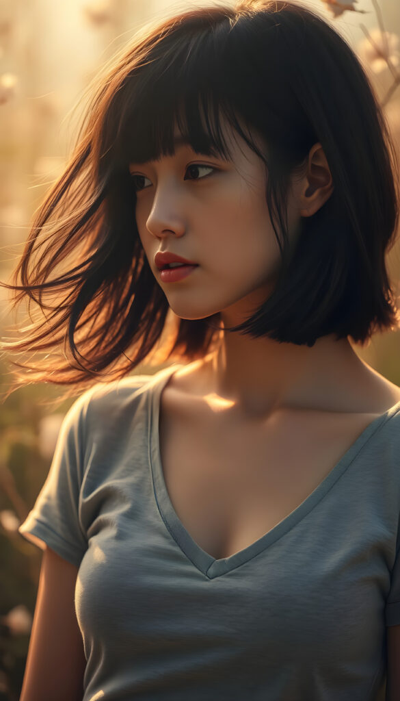 A stunning, ethereal portrait of a beautiful woman with flowing black hair styled in a Korean bob cut with elegant bangs. She wears a light grey cropped t-shirt with a deep V-neck, revealing her graceful collarbone. Her soft skin and perfect curves are accentuated by the warm, golden lighting, casting a gentle glow across her radiant face and kissable lips. The composition is side-profile, capturing the harmony between her natural beauty and the serene, dreamy atmosphere. The background is softly blurred, with hints of lush greenery and delicate flowers, enhancing the tranquil and enchanting ambiance. The artist's brushstrokes are intricate and detailed, bringing the scene to life with a sense of depth and emotion.