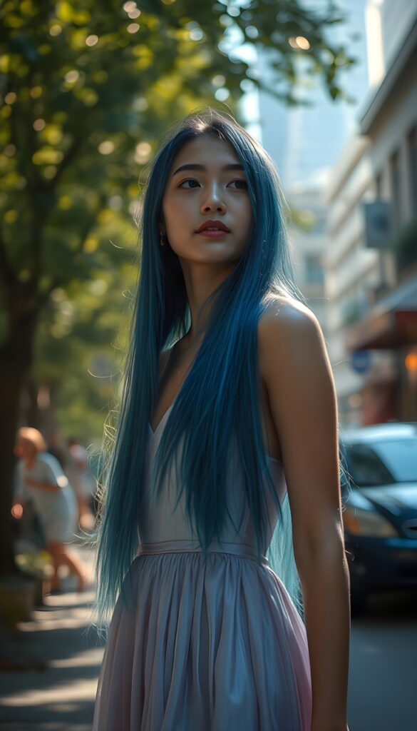 A stunning, girl with cascading long straight deep blue hair, shimmering like the ocean's depths, stands gracefully in the streets. She wears a flowing, iridescent gown that blends with the shimmering foliage around her. Sunbeams dance through the canopy, casting a dreamlike glow upon her radiant features. Her expression is serene, exuding warmth and kindness, as she gazes into the distance. The scene is bathed in a soft, enchanting light. The background reveals a mystical, glowing skyscraper. This composition blends realism with a touch of fantasy, creating a visually captivating and heartwarming image.
