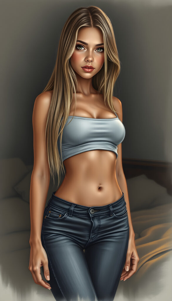A stunning, full-body charcoal drawing of a young, beautiful girl with a seductive charm, wearing a cropped tank top and tight jeans pants, her long, straight blonde hair cascading down to her waist. Her body is perfectly curved, and her slender, beautifully proportioned belly button is visible. The scene is set in a softly lit, intimate setting, with a hint of a sunset in the background, casting a warm glow on her skin. The artwork is painterly, with intricate details highlighting her features and the texture of her hair.