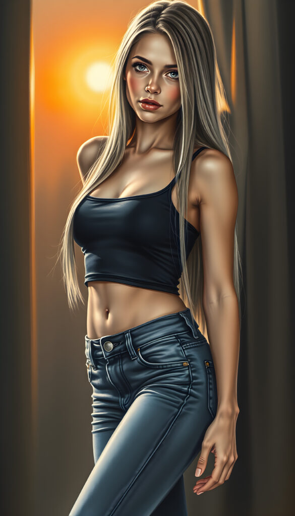 A stunning, full-body charcoal drawing of a young, beautiful girl with a seductive charm, wearing a cropped tank top and tight jeans pants, her long, straight blonde hair cascading down to her waist. Her body is perfectly curved, and her slender, beautifully proportioned belly button is visible. The scene is set in a softly lit, intimate setting, with a hint of a sunset in the background, casting a warm glow on her skin. The artwork is painterly, with intricate details highlighting her features and the texture of her hair.