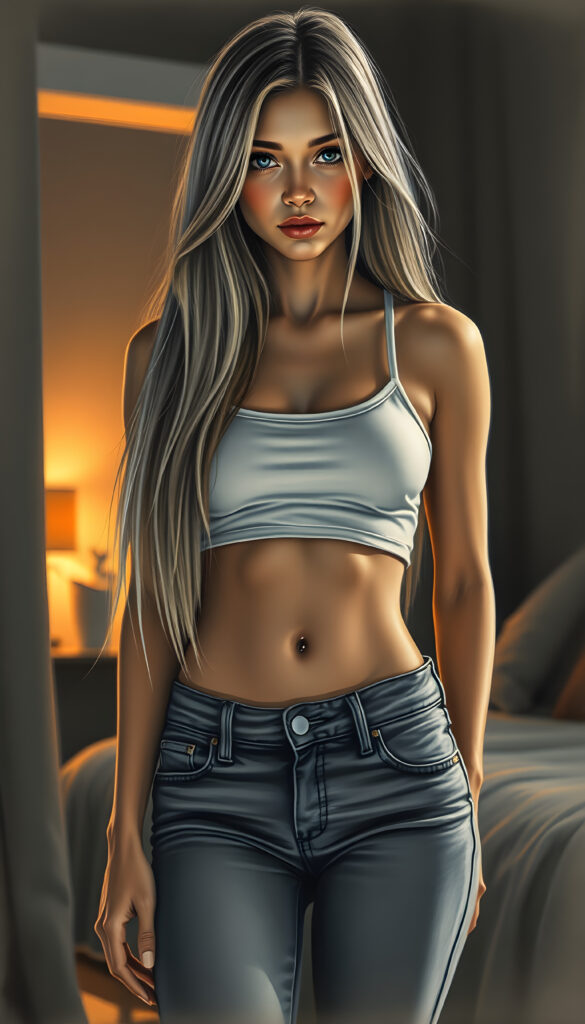 A stunning, full-body charcoal drawing of a young, beautiful girl with a seductive charm, wearing a cropped tank top and tight jeans pants, her long, straight blonde hair cascading down to her waist. Her body is perfectly curved, and her slender, beautifully proportioned belly button is visible. The scene is set in a softly lit, intimate setting, with a hint of a sunset in the background, casting a warm glow on her skin. The artwork is painterly, with intricate details highlighting her features and the texture of her hair.