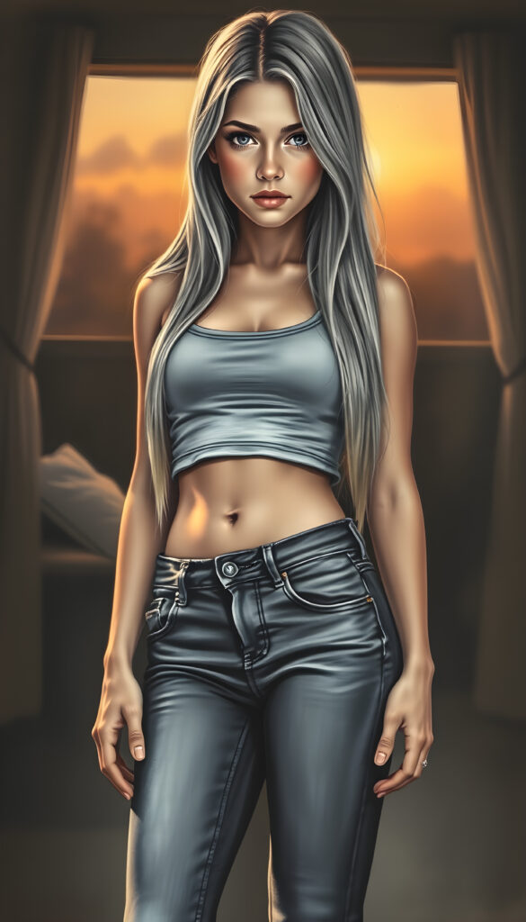 A stunning, full-body charcoal drawing of a young, beautiful girl with a seductive charm, wearing a cropped tank top and tight jeans pants, her long, straight blonde hair cascading down to her waist. Her body is perfectly curved, and her slender, beautifully proportioned belly button is visible. The scene is set in a softly lit, intimate setting, with a hint of a sunset in the background, casting a warm glow on her skin. The artwork is painterly, with intricate details highlighting her features and the texture of her hair.