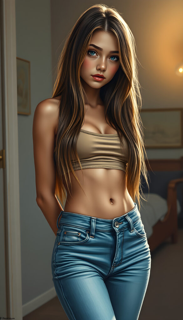 A stunning, full-body drawing of a young, beautiful girl with a seductive charm, wearing a cropped tank top and tight jeans pants, her long, straight blonde hair cascading down to her waist. Her body is perfectly curved, and her slender, beautifully proportioned belly button is visible. The scene is set in a softly lit, intimate setting, with a hint of a sunset in the background, casting a warm glow on her skin. The artwork is painterly, with intricate details highlighting her features and the texture of her hair.