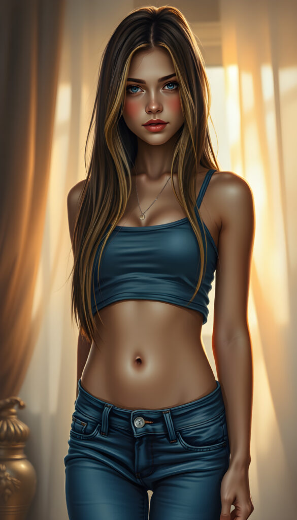 A stunning, full-body drawing of a young, beautiful girl with a seductive charm, wearing a cropped tank top and tight jeans pants, her long, straight blonde hair cascading down to her waist. Her body is perfectly curved, and her slender, beautifully proportioned belly button is visible. The scene is set in a softly lit, intimate setting, with a hint of a sunset in the background, casting a warm glow on her skin. The artwork is painterly, with intricate details highlighting her features and the texture of her hair.