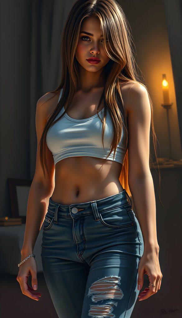 A stunning, full-body drawing of a young, beautiful girl with a seductive charm, wearing a cropped tank top and tight jeans pants, her long, straight blonde hair cascading down to her waist. Her body is perfectly curved, and her slender, beautifully proportioned belly button is visible. The scene is set in a softly lit, intimate setting, with a hint of a sunset in the background, casting a warm glow on her skin. The artwork is painterly, with intricate details highlighting her features and the texture of her hair.