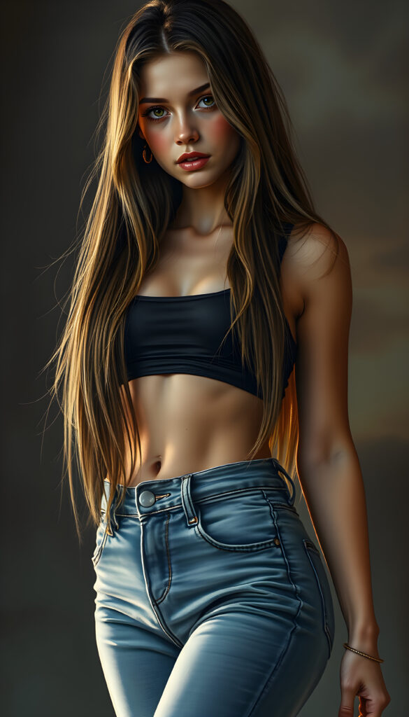 A stunning, full-body drawing of a young, beautiful girl with a seductive charm, wearing a cropped tank top and tight jeans pants, her long, straight blonde hair cascading down to her waist. Her body is perfectly curved, and her slender, beautifully proportioned belly button is visible. The scene is set in a softly lit, intimate setting, with a hint of a sunset in the background, casting a warm glow on her skin. The artwork is painterly, with intricate details highlighting her features and the texture of her hair.