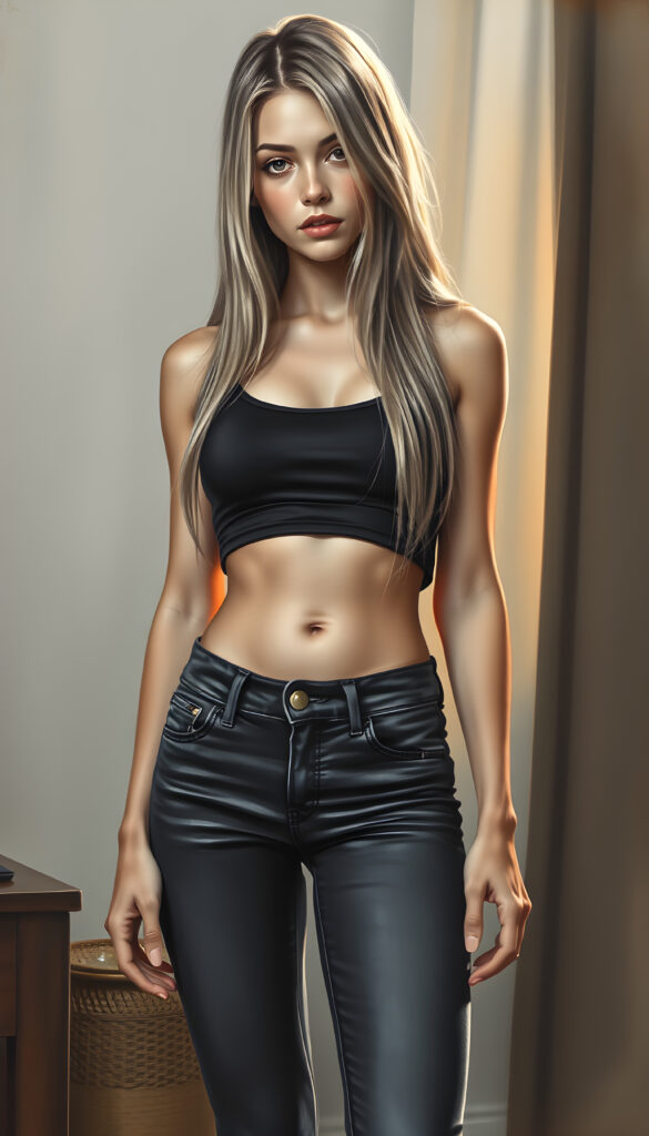 A stunning, full-body charcoal drawing of a young, beautiful girl with a seductive charm, wearing a cropped tank top and tight jeans pants, her long, straight blonde hair cascading down to her waist. Her body is perfectly curved, and her slender, beautifully proportioned belly button is visible. The scene is set in a softly lit, intimate setting, with a hint of a sunset in the background, casting a warm glow on her skin. The artwork is painterly, with intricate details highlighting her features and the texture of her hair.