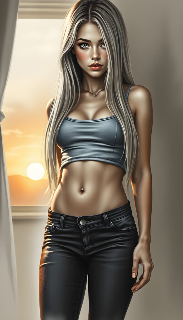 A stunning, full-body charcoal drawing of a young, beautiful girl with a seductive charm, wearing a cropped tank top and tight jeans pants, her long, straight blonde hair cascading down to her waist. Her body is perfectly curved, and her slender, beautifully proportioned belly button is visible. The scene is set in a softly lit, intimate setting, with a hint of a sunset in the background, casting a warm glow on her skin. The artwork is painterly, with intricate details highlighting her features and the texture of her hair.