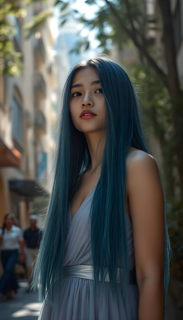 A stunning, girl with cascading long straight deep blue hair, shimmering like the ocean's depths, stands gracefully in the streets. She wears a flowing, iridescent gown that blends with the shimmering foliage around her. Sunbeams dance through the canopy, casting a dreamlike glow upon her radiant features. Her expression is serene, exuding warmth and kindness, as she gazes into the distance. The scene is bathed in a soft, enchanting light. The background reveals a mystical, glowing skyscraper. This composition blends realism with a touch of fantasy, creating a visually captivating and heartwarming image.
