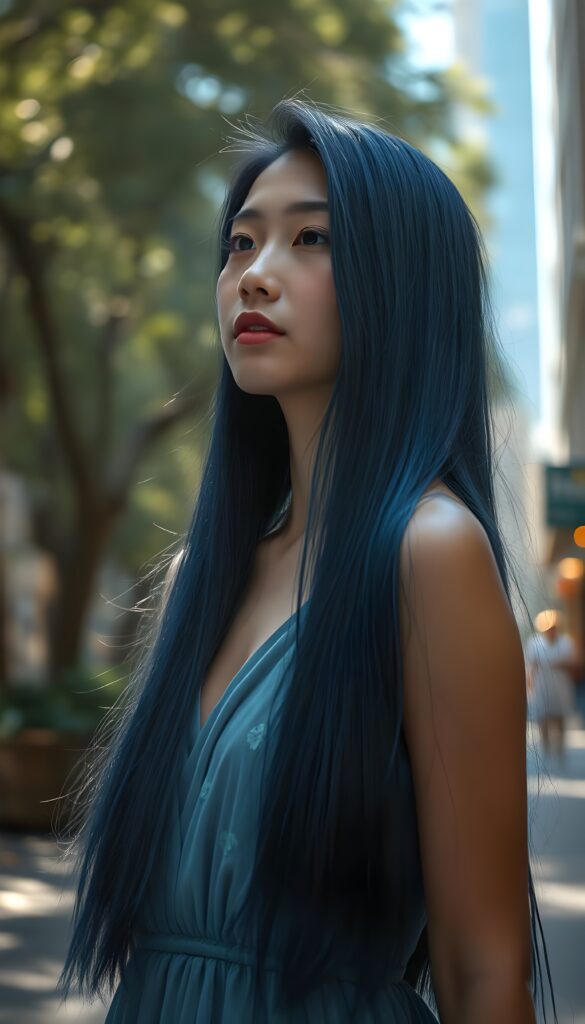 A stunning, girl with cascading long straight deep blue hair, shimmering like the ocean's depths, stands gracefully in the streets. She wears a flowing, iridescent gown that blends with the shimmering foliage around her. Sunbeams dance through the canopy, casting a dreamlike glow upon her radiant features. Her expression is serene, exuding warmth and kindness, as she gazes into the distance. The scene is bathed in a soft, enchanting light. The background reveals a mystical, glowing skyscraper. This composition blends realism with a touch of fantasy, creating a visually captivating and heartwarming image.