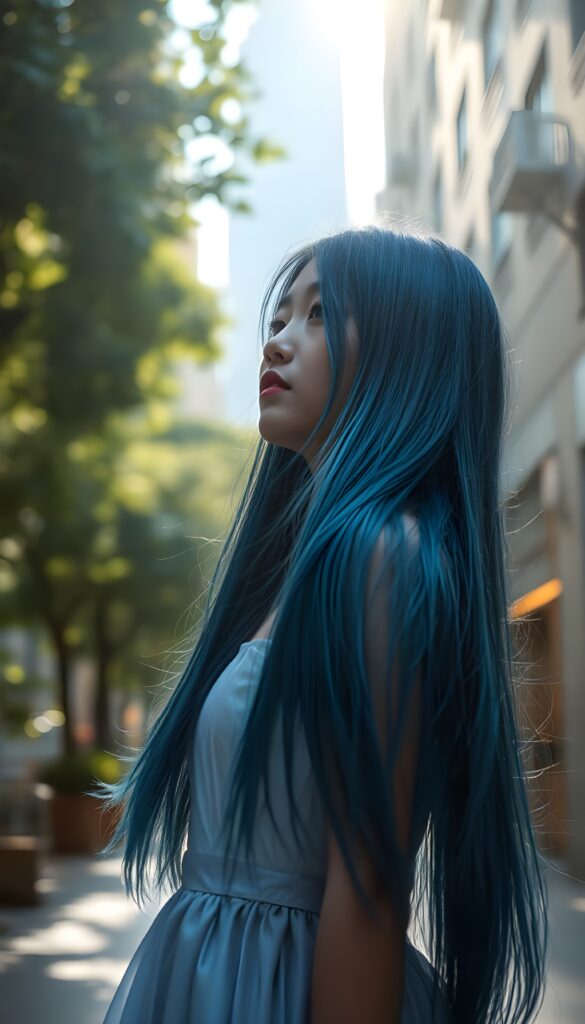 A stunning, girl with cascading long straight deep blue hair, shimmering like the ocean's depths, stands gracefully in the streets. She wears a flowing, iridescent gown that blends with the shimmering foliage around her. Sunbeams dance through the canopy, casting a dreamlike glow upon her radiant features. Her expression is serene, exuding warmth and kindness, as she gazes into the distance. The scene is bathed in a soft, enchanting light. The background reveals a mystical, glowing skyscraper. This composition blends realism with a touch of fantasy, creating a visually captivating and heartwarming image.