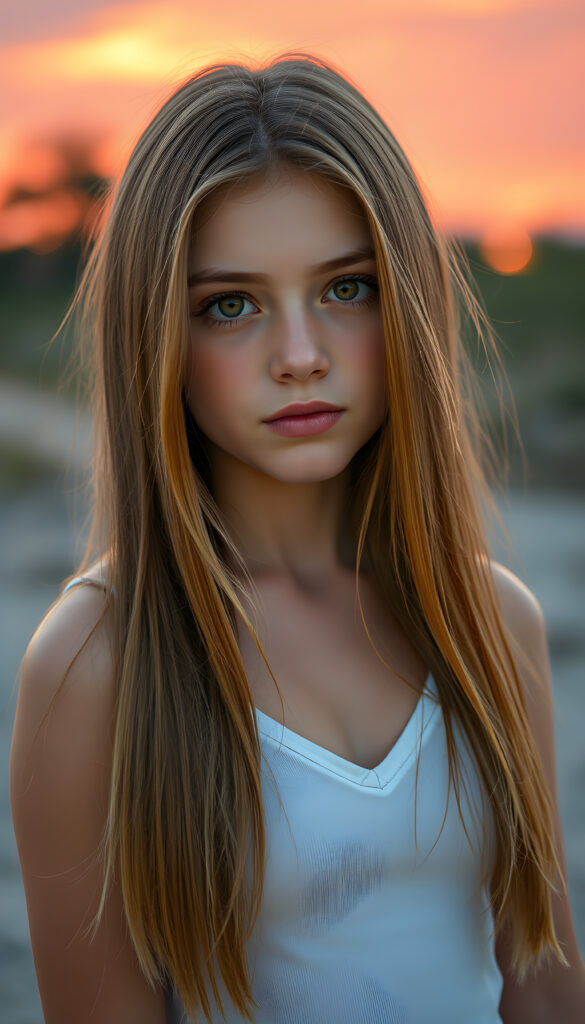 A stunning, highly detailed portrait of a cute and attractive young well busty girl with long, straight copper-blond hair. Her eyes are a mesmerizing light amber, sparkling with a warm, inviting gaze. She wears a white, V-neck tank top that highlights her graceful, curved figure. The scene is bathed in soft, natural lighting, casting a gentle glow on her face and hair. The background features a serene, colorful sunset with hues of pink, orange, and purple, creating a dreamy, romantic atmosphere. The image is rendered in a hyper-realistic, vibrant style with intricate details, enhancing the visual appeal and warmth of the scene.