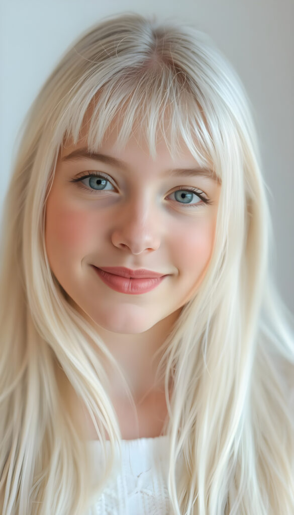 A stunning, high-resolution portrait of a beautiful young teen with flawless, silver-skinned complexion and long, silky white hair cascading down her shoulders. Her radiant face is framed by soft, delicate bangs, and her full lips curve into a gentle smile. Her large, expressive eyes sparkle with warmth as she gazes directly into the camera. The background is a pristine white, accentuating her ethereal beauty and creating a serene, dreamlike atmosphere. The lighting is soft and diffused, highlighting her delicate features and giving her skin a luminous glow. This close-up portrait captures her youthful charm and elegance in exquisite detail.
