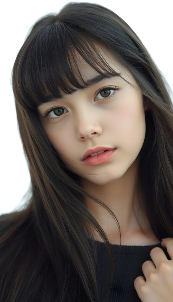 A stunning, highly detailed portrait of a beautiful young teenage girl with long, flowing obsidian hair and stylish bangs. Her lips are full and inviting, and her face is perfect and detailed. She gazes directly into the camera, her expression enigmatic and captivating. The image is a close-up, emphasizing her delicate features and the texture of her hair. The background is a pristine white, highlighting her natural beauty. The lighting is soft and flattering, casting gentle shadows that accentuate her facial structure. The overall composition is dynamic, with a slight side angle that adds depth and intrigue to the image.