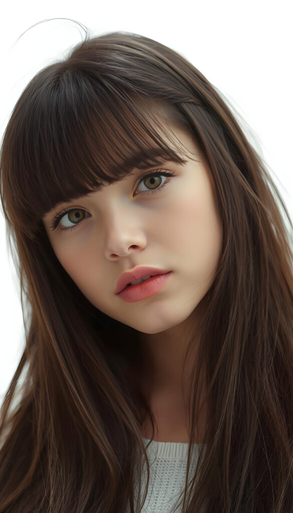A stunning, highly detailed portrait of a beautiful young teenage girl with long, flowing obsidian hair and stylish bangs. Her lips are full and inviting, and her face is perfect and detailed. She gazes directly into the camera, her expression enigmatic and captivating. The image is a close-up, emphasizing her delicate features and the texture of her hair. The background is a pristine white, highlighting her natural beauty. The lighting is soft and flattering, casting gentle shadows that accentuate her facial structure. The overall composition is dynamic, with a slight side angle that adds depth and intrigue to the image.