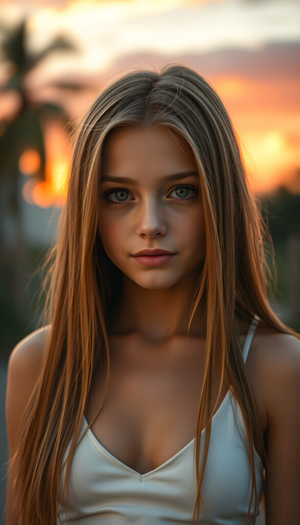 A stunning, highly detailed portrait of a cute and attractive young well busty girl with long, straight copper-blond hair. Her eyes are a mesmerizing light amber, sparkling with a warm, inviting gaze. She wears a white, V-neck tank top that highlights her graceful, curved figure. The scene is bathed in soft, natural lighting, casting a gentle glow on her face and hair. The background features a serene, colorful sunset with hues of pink, orange, and purple, creating a dreamy, romantic atmosphere. The image is rendered in a hyper-realistic, vibrant style with intricate details, enhancing the visual appeal and warmth of the scene.
