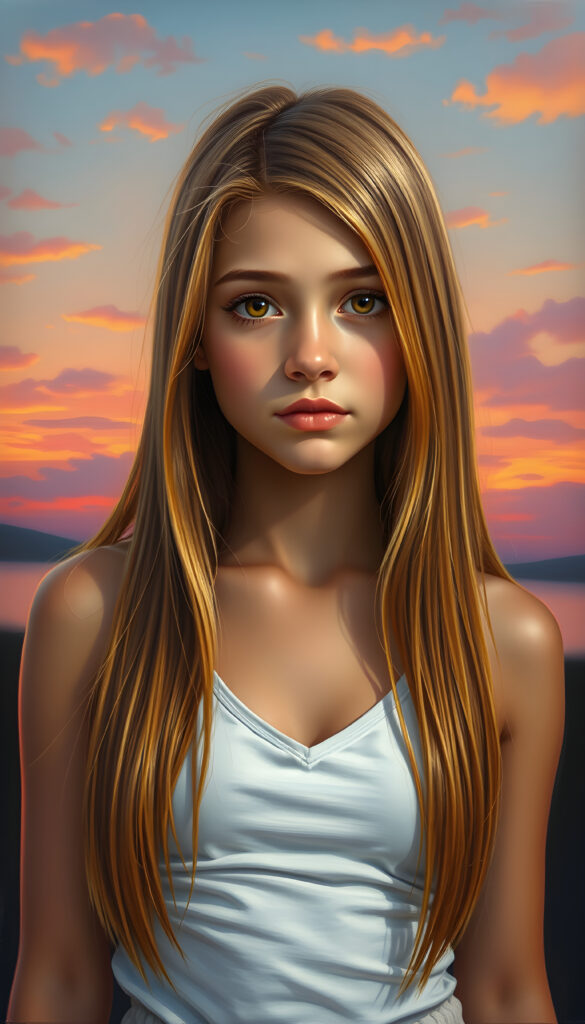 A stunning, highly detailed portrait of a cute and attractive young girl with long, straight copper-blond hair. Her eyes are a mesmerizing light amber, sparkling with a warm, inviting gaze. She wears a white, V-neck tank top that highlights her graceful, curved figure. The scene is bathed in soft, natural lighting, casting a gentle glow on her face and hair. The background features a serene, colorful sunset with hues of pink, orange, and purple, creating a dreamy, romantic atmosphere. The image is rendered in a hyper-realistic, vibrant style with intricate details, enhancing the visual appeal and warmth of the scene.
