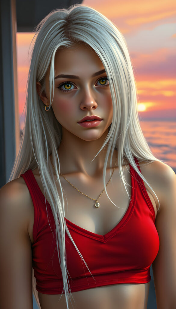 A stunning, highly detailed portrait of a cute and attractive young teen girl with long, straight white hair, same length left and right. Her eyes are a mesmerizing light amber, sparkling with a warm, inviting gaze. She wears a red, V-neck cropped tank top that highlights her graceful, curved figure. The scene is bathed in soft, natural lighting, casting a gentle glow on her face and hair. The background features a serene, colorful sunset with hues of pink, orange, and purple, creating a dreamy, romantic atmosphere. The image is rendered in a hyper-realistic, vibrant style with intricate details, enhancing the visual appeal and warmth of the scene.