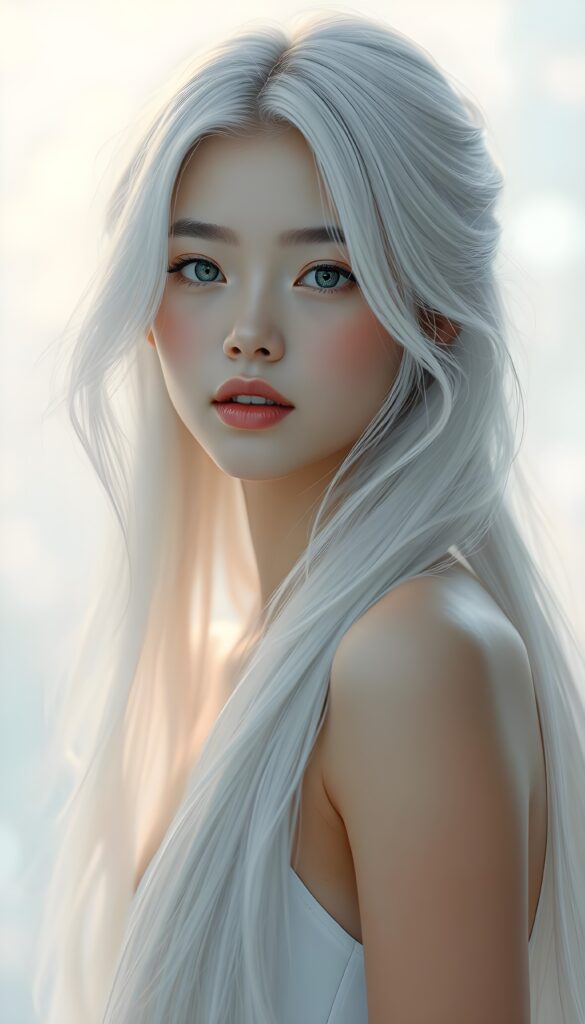 A stunning, high-resolution digital painting of a beautiful young girl with flawless, soft silver skin and long, perfect jet white hair that cascades down her back. Her eyes are large and sparkling, framed by delicate lashes, and her lips are full and pink. She gazes directly into the camera with a warm, inviting smile. The background is a soft gradient of white and pastel colors, creating a dreamy, ethereal atmosphere. The lighting is soft and diffused, highlighting her features and giving her skin a luminous glow. She is dressed in a simple, elegant white dress that complements her ethereal beauty. The composition is balanced, with her face centered and her hair artfully arranged to add depth and texture to the image. The overall style is a blend of realism and fantasy, making her appear both realistic and otherworldly.