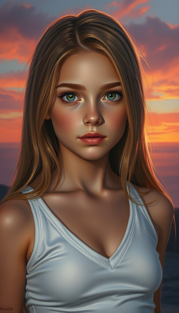 A stunning, highly detailed portrait of a cute and attractive young girl with long, straight copper-blond hair. Her eyes are a mesmerizing light amber, sparkling with a warm, inviting gaze. She wears a white, V-neck tank top that highlights her graceful, curved figure. The scene is bathed in soft, natural lighting, casting a gentle glow on her face and hair. The background features a serene, colorful sunset with hues of pink, orange, and purple, creating a dreamy, romantic atmosphere. The image is rendered in a hyper-realistic, vibrant style with intricate details, enhancing the visual appeal and warmth of the scene.