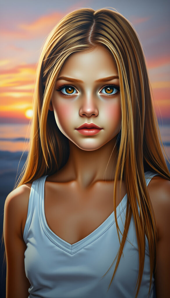 A stunning, highly detailed portrait of a cute and attractive young girl with long, straight copper-blond hair. Her eyes are a mesmerizing light amber, sparkling with a warm, inviting gaze. She wears a white, V-neck tank top that highlights her graceful, curved figure. The scene is bathed in soft, natural lighting, casting a gentle glow on her face and hair. The background features a serene, colorful sunset with hues of pink, orange, and purple, creating a dreamy, romantic atmosphere. The image is rendered in a hyper-realistic, vibrant style with intricate details, enhancing the visual appeal and warmth of the scene.