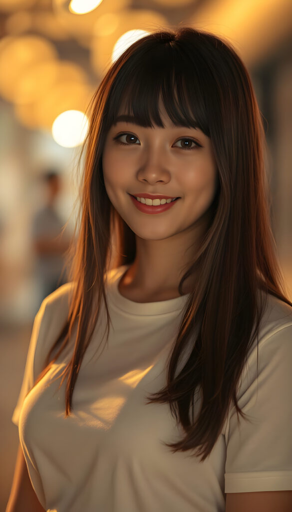 A stunning, highly detailed 8K portrait of a cute teenage girl with a perfect, curvy body and a warm smile. She has Korea-inspired bangs and straight, detailed maroon hair that cascades down her shoulders. Her face is ultra-realistic, with mesmerizing amber eyes that look directly at the viewer. She wears a crisp white short shirt that accentuates her figure. The lighting is warm and golden, casting deep, dramatic shadows that enhance her features. The image is saturated and vibrant, with a film grain texture that adds a nostalgic touch. The focus is sharp on her face and upper body, while the background is softly blurred, creating a beautiful depth of field effect.