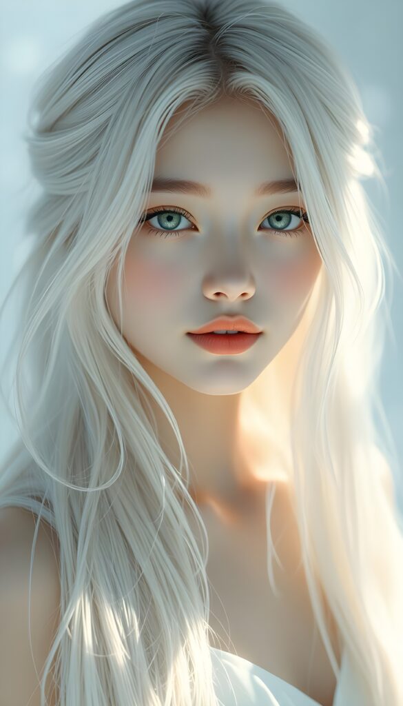 A stunning, high-resolution digital painting of a beautiful young girl with flawless, soft silver skin and long, perfect jet white hair that cascades down her back. Her eyes are large and sparkling, framed by delicate lashes, and her lips are full and pink. She gazes directly into the camera with a warm, inviting smile. The background is a soft gradient of white and pastel colors, creating a dreamy, ethereal atmosphere. The lighting is soft and diffused, highlighting her features and giving her skin a luminous glow. She is dressed in a simple, elegant white dress that complements her ethereal beauty. The composition is balanced, with her face centered and her hair artfully arranged to add depth and texture to the image. The overall style is a blend of realism and fantasy, making her appear both realistic and otherworldly.