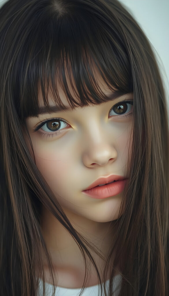 A stunning, highly detailed portrait of a beautiful young teenage girl with long, flowing obsidian hair and stylish bangs. Her lips are full and inviting, and her face is perfect and detailed. She gazes directly into the camera, her expression enigmatic and captivating. The image is a close-up, emphasizing her delicate features and the texture of her hair. The background is a pristine white, highlighting her natural beauty. The lighting is soft and flattering, casting gentle shadows that accentuate her facial structure. The overall composition is dynamic, with a slight side angle that adds depth and intrigue to the image.