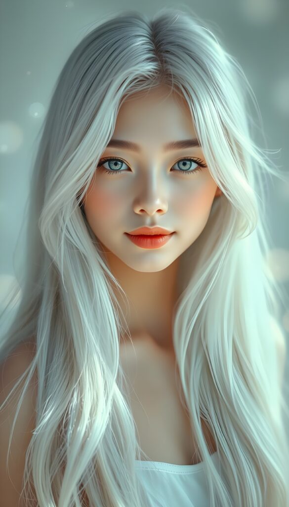 A stunning, high-resolution digital painting of a beautiful young girl with flawless, soft silver skin and long, perfect jet white hair that cascades down her back. Her eyes are large and sparkling, framed by delicate lashes, and her lips are full and pink. She gazes directly into the camera with a warm, inviting smile. The background is a soft gradient of white and pastel colors, creating a dreamy, ethereal atmosphere. The lighting is soft and diffused, highlighting her features and giving her skin a luminous glow. She is dressed in a simple, elegant white dress that complements her ethereal beauty. The composition is balanced, with her face centered and her hair artfully arranged to add depth and texture to the image. The overall style is a blend of realism and fantasy, making her appear both realistic and otherworldly.