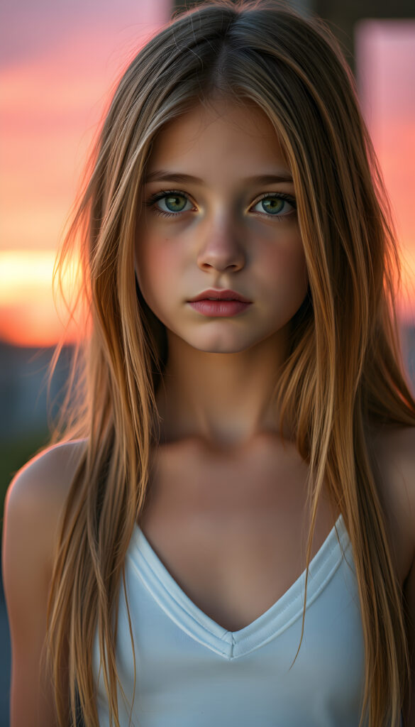 A stunning, highly detailed portrait of a cute and attractive young well busty girl with long, straight copper-blond hair. Her eyes are a mesmerizing light amber, sparkling with a warm, inviting gaze. She wears a white, V-neck tank top that highlights her graceful, curved figure. The scene is bathed in soft, natural lighting, casting a gentle glow on her face and hair. The background features a serene, colorful sunset with hues of pink, orange, and purple, creating a dreamy, romantic atmosphere. The image is rendered in a hyper-realistic, vibrant style with intricate details, enhancing the visual appeal and warmth of the scene.