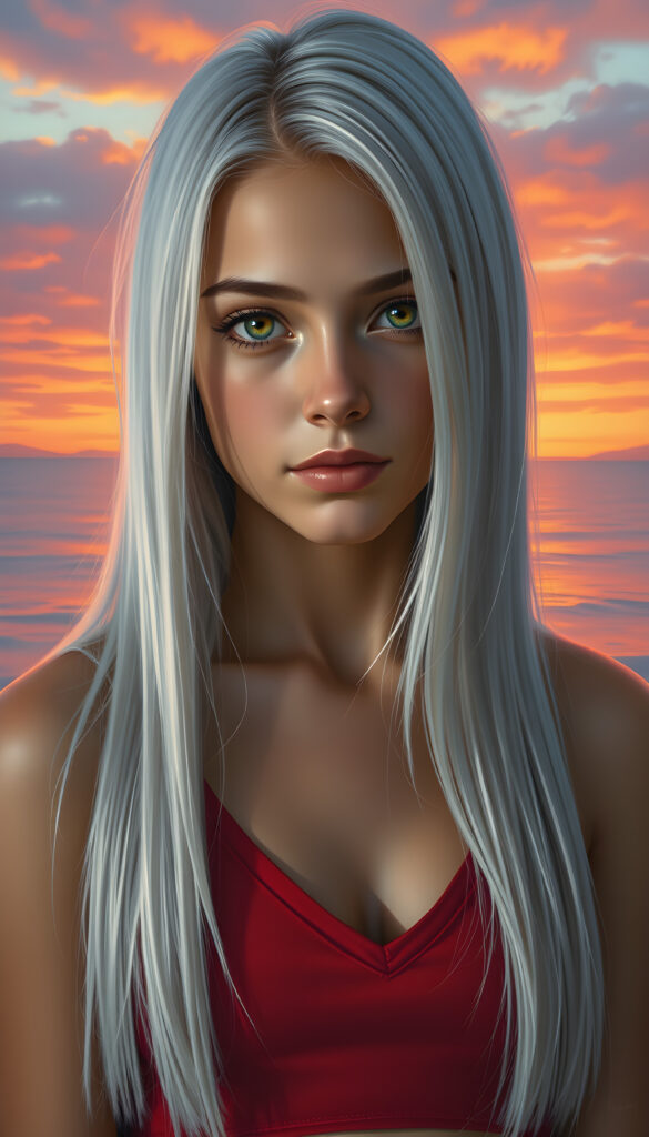 A stunning, highly detailed portrait of a cute and attractive young teen girl with long, straight white hair, same length left and right. Her eyes are a mesmerizing light amber, sparkling with a warm, inviting gaze. She wears a red, V-neck cropped tank top that highlights her graceful, curved figure. The scene is bathed in soft, natural lighting, casting a gentle glow on her face and hair. The background features a serene, colorful sunset with hues of pink, orange, and purple, creating a dreamy, romantic atmosphere. The image is rendered in a hyper-realistic, vibrant style with intricate details, enhancing the visual appeal and warmth of the scene.