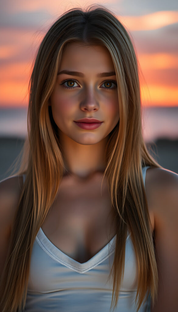 A stunning, highly detailed portrait of a cute and attractive young well busty girl with long, straight copper-blond hair. Her eyes are a mesmerizing light amber, sparkling with a warm, inviting gaze. She wears a white, V-neck tank top that highlights her graceful, curved figure. The scene is bathed in soft, natural lighting, casting a gentle glow on her face and hair. The background features a serene, colorful sunset with hues of pink, orange, and purple, creating a dreamy, romantic atmosphere. The image is rendered in a hyper-realistic, vibrant style with intricate details, enhancing the visual appeal and warmth of the scene.
