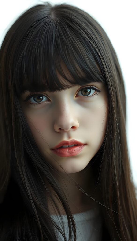 A stunning, highly detailed portrait of a beautiful young teenage girl with long, flowing obsidian hair and stylish bangs. Her lips are full and inviting, and her face is perfect and detailed. She gazes directly into the camera, her expression enigmatic and captivating. The image is a close-up, emphasizing her delicate features and the texture of her hair. The background is a pristine white, highlighting her natural beauty. The lighting is soft and flattering, casting gentle shadows that accentuate her facial structure. The overall composition is dynamic, with a slight side angle that adds depth and intrigue to the image.