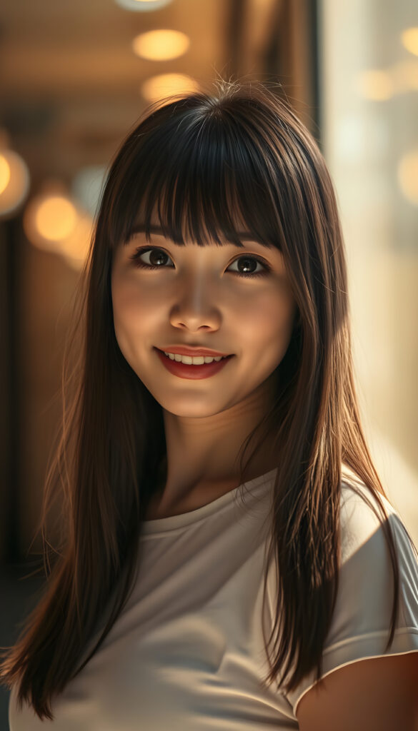 A stunning, highly detailed 8K portrait of a cute teenage girl with a perfect, curvy body and a warm smile. She has Korea-inspired bangs and straight, detailed maroon hair that cascades down her shoulders. Her face is ultra-realistic, with mesmerizing amber eyes that look directly at the viewer. She wears a crisp white short shirt that accentuates her figure. The lighting is warm and golden, casting deep, dramatic shadows that enhance her features. The image is saturated and vibrant, with a film grain texture that adds a nostalgic touch. The focus is sharp on her face and upper body, while the background is softly blurred, creating a beautiful depth of field effect.