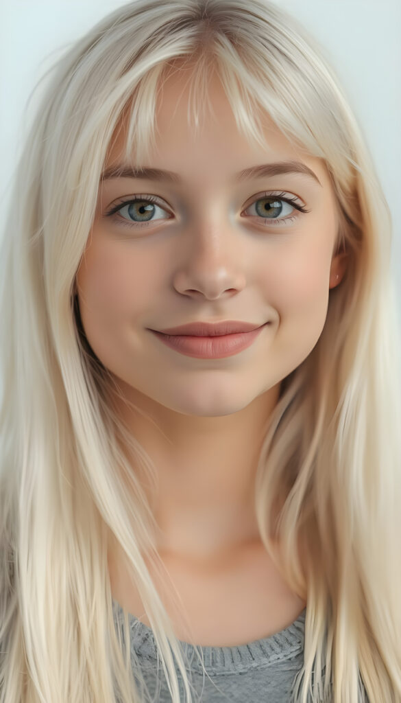 A stunning, high-resolution portrait of a beautiful young teen with flawless, silver-skinned complexion and long, silky white hair cascading down her shoulders. Her radiant face is framed by soft, delicate bangs, and her full lips curve into a gentle smile. Her large, expressive eyes sparkle with warmth as she gazes directly into the camera. The background is a pristine white, accentuating her ethereal beauty and creating a serene, dreamlike atmosphere. The lighting is soft and diffused, highlighting her delicate features and giving her skin a luminous glow. This close-up portrait captures her youthful charm and elegance in exquisite detail.