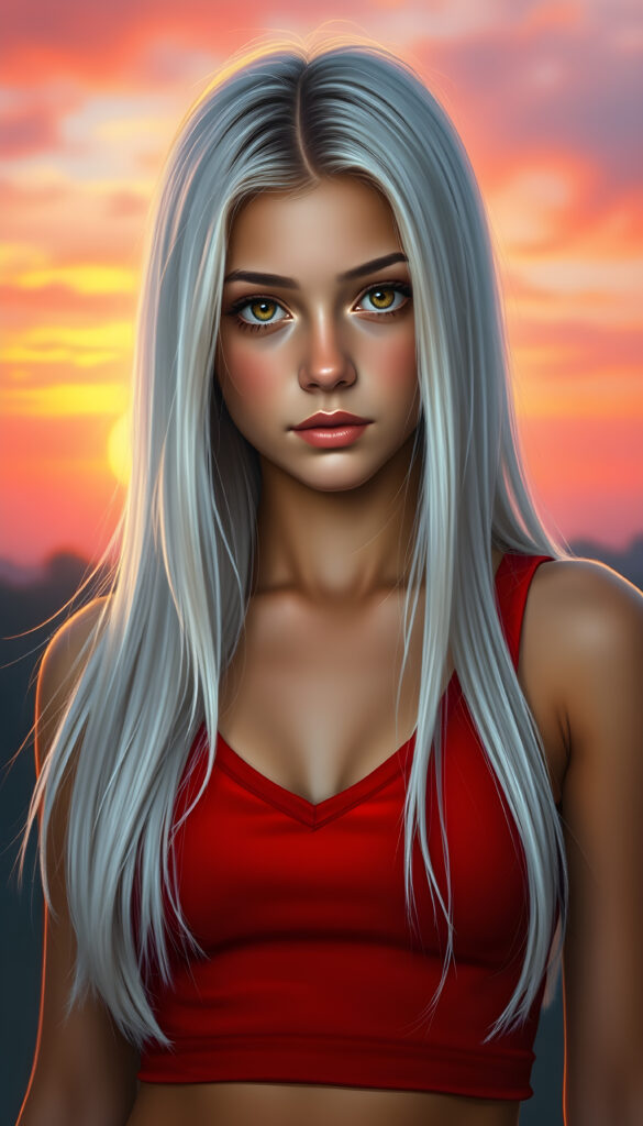 A stunning, highly detailed portrait of a cute and attractive young teen girl with long, straight white hair, same length left and right. Her eyes are a mesmerizing light amber, sparkling with a warm, inviting gaze. She wears a red, V-neck cropped tank top that highlights her graceful, curved figure. The scene is bathed in soft, natural lighting, casting a gentle glow on her face and hair. The background features a serene, colorful sunset with hues of pink, orange, and purple, creating a dreamy, romantic atmosphere. The image is rendered in a hyper-realistic, vibrant style with intricate details, enhancing the visual appeal and warmth of the scene.