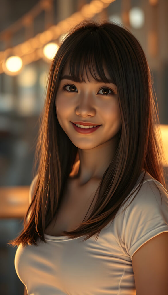 A stunning, highly detailed 8K portrait of a cute teenage girl with a perfect, curvy body and a warm smile. She has Korea-inspired bangs and straight, detailed maroon hair that cascades down her shoulders. Her face is ultra-realistic, with mesmerizing amber eyes that look directly at the viewer. She wears a crisp white short shirt that accentuates her figure. The lighting is warm and golden, casting deep, dramatic shadows that enhance her features. The image is saturated and vibrant, with a film grain texture that adds a nostalgic touch. The focus is sharp on her face and upper body, while the background is softly blurred, creating a beautiful depth of field effect.