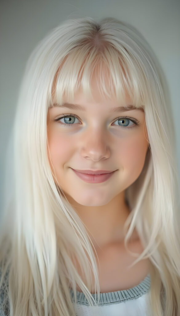 A stunning, high-resolution portrait of a beautiful young teen with flawless, silver-skinned complexion and long, silky white hair cascading down her shoulders. Her radiant face is framed by soft, delicate bangs, and her full lips curve into a gentle smile. Her large, expressive eyes sparkle with warmth as she gazes directly into the camera. The background is a pristine white, accentuating her ethereal beauty and creating a serene, dreamlike atmosphere. The lighting is soft and diffused, highlighting her delicate features and giving her skin a luminous glow. This close-up portrait captures her youthful charm and elegance in exquisite detail.