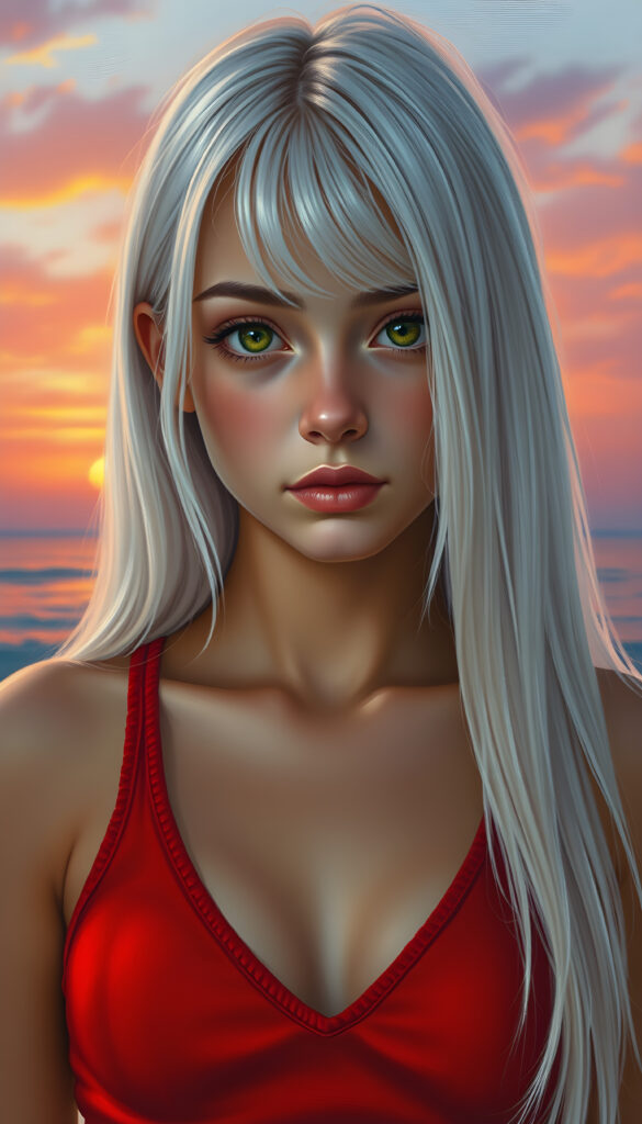 A stunning, highly detailed portrait of a cute and attractive young teen girl with long, straight white hair, same length left and right. Her eyes are a mesmerizing light amber, sparkling with a warm, inviting gaze. She wears a red, V-neck cropped tank top that highlights her graceful, curved figure. The scene is bathed in soft, natural lighting, casting a gentle glow on her face and hair. The background features a serene, colorful sunset with hues of pink, orange, and purple, creating a dreamy, romantic atmosphere. The image is rendered in a hyper-realistic, vibrant style with intricate details, enhancing the visual appeal and warmth of the scene.