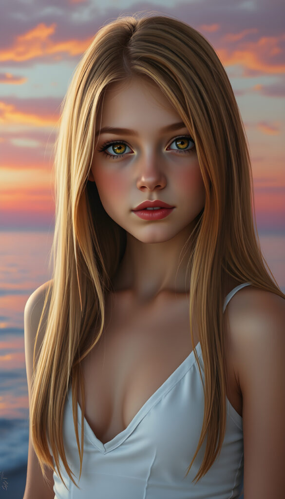 A stunning, highly detailed portrait of a cute and attractive young girl with long, straight copper-blond hair. Her eyes are a mesmerizing light amber, sparkling with a warm, inviting gaze. She wears a white, V-neck tank top that highlights her graceful, curved figure. The scene is bathed in soft, natural lighting, casting a gentle glow on her face and hair. The background features a serene, colorful sunset with hues of pink, orange, and purple, creating a dreamy, romantic atmosphere. The image is rendered in a hyper-realistic, vibrant style with intricate details, enhancing the visual appeal and warmth of the scene.