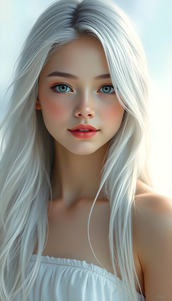 A stunning, high-resolution digital painting of a beautiful young girl with flawless, soft silver skin and long, perfect jet white hair that cascades down her back. Her eyes are large and sparkling, framed by delicate lashes, and her lips are full and pink. She gazes directly into the camera with a warm, inviting smile. The background is a soft gradient of white and pastel colors, creating a dreamy, ethereal atmosphere. The lighting is soft and diffused, highlighting her features and giving her skin a luminous glow. She is dressed in a simple, elegant white dress that complements her ethereal beauty. The composition is balanced, with her face centered and her hair artfully arranged to add depth and texture to the image. The overall style is a blend of realism and fantasy, making her appear both realistic and otherworldly.