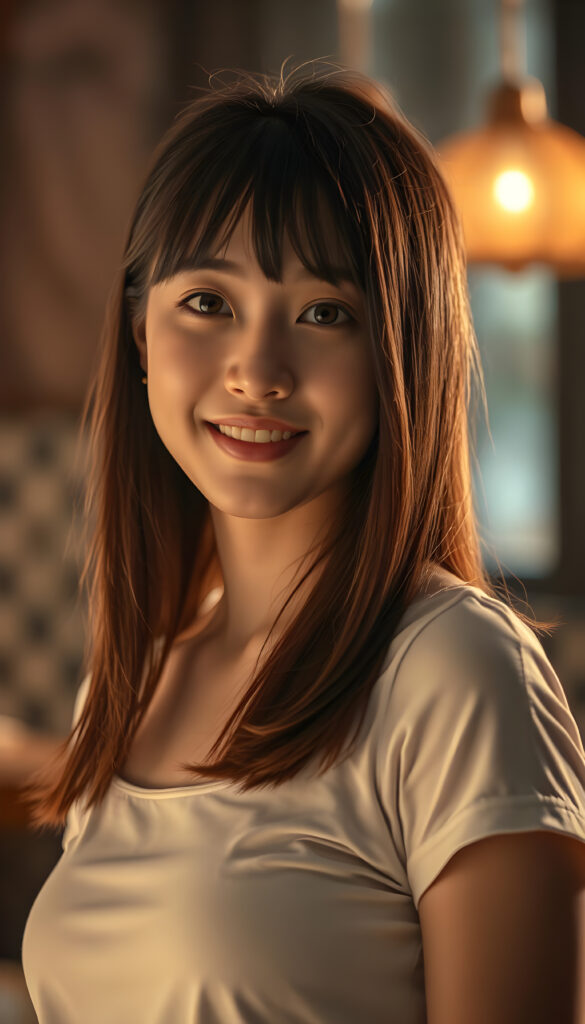 A stunning, highly detailed 8K portrait of a cute teenage girl with a perfect, curvy body and a warm smile. She has Korea-inspired bangs and straight, detailed maroon hair that cascades down her shoulders. Her face is ultra-realistic, with mesmerizing amber eyes that look directly at the viewer. She wears a crisp white short shirt that accentuates her figure. The lighting is warm and golden, casting deep, dramatic shadows that enhance her features. The image is saturated and vibrant, with a film grain texture that adds a nostalgic touch. The focus is sharp on her face and upper body, while the background is softly blurred, creating a beautiful depth of field effect.