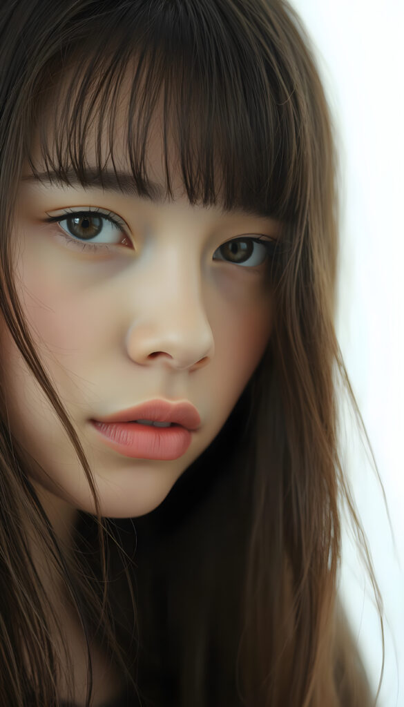 A stunning, highly detailed portrait of a beautiful young teenage girl with long, flowing obsidian hair and stylish bangs. Her lips are full and inviting, and her face is perfect and detailed. She gazes directly into the camera, her expression enigmatic and captivating. The image is a close-up, emphasizing her delicate features and the texture of her hair. The background is a pristine white, highlighting her natural beauty. The lighting is soft and flattering, casting gentle shadows that accentuate her facial structure. The overall composition is dynamic, with a slight side angle that adds depth and intrigue to the image.
