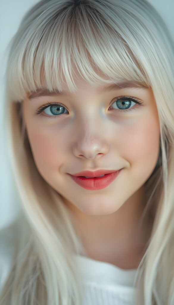 A stunning, high-resolution portrait of a beautiful young teen with flawless, silver-skinned complexion and long, silky white hair cascading down her shoulders. Her radiant face is framed by soft, delicate bangs, and her full lips curve into a gentle smile. Her large, expressive eyes sparkle with warmth as she gazes directly into the camera. The background is a pristine white, accentuating her ethereal beauty and creating a serene, dreamlike atmosphere. The lighting is soft and diffused, highlighting her delicate features and giving her skin a luminous glow. This close-up portrait captures her youthful charm and elegance in exquisite detail.