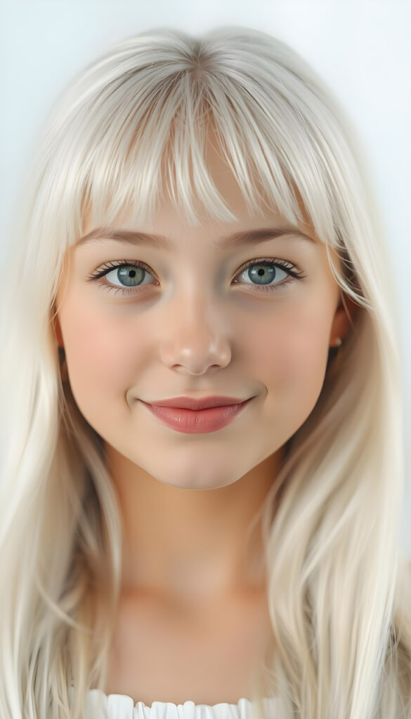 A stunning, high-resolution portrait of a beautiful young teen with flawless, silver-skinned complexion and long, silky white hair cascading down her shoulders. Her radiant face is framed by soft, delicate bangs, and her full lips curve into a gentle smile. Her large, expressive eyes sparkle with warmth as she gazes directly into the camera. The background is a pristine white, accentuating her ethereal beauty and creating a serene, dreamlike atmosphere. The lighting is soft and diffused, highlighting her delicate features and giving her skin a luminous glow. This close-up portrait captures her youthful charm and elegance in exquisite detail.