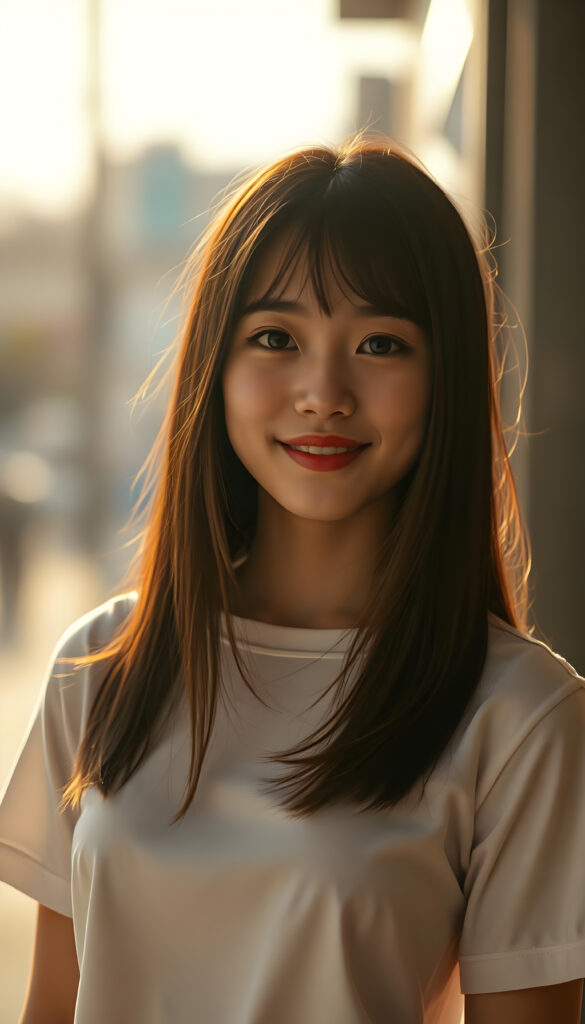 A stunning, highly detailed 8K portrait of a cute teenage girl with a perfect, curvy body and a warm smile. She has Korea-inspired bangs and straight, detailed maroon hair that cascades down her shoulders. Her face is ultra-realistic, with mesmerizing amber eyes that look directly at the viewer. She wears a crisp white short shirt that accentuates her figure. The lighting is warm and golden, casting deep, dramatic shadows that enhance her features. The image is saturated and vibrant, with a film grain texture that adds a nostalgic touch. The focus is sharp on her face and upper body, while the background is softly blurred, creating a beautiful depth of field effect.
